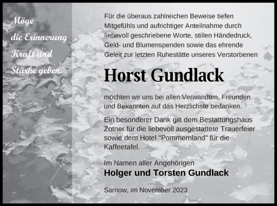 Traueranzeige von Holger Gundlack von Vorpommern Kurier