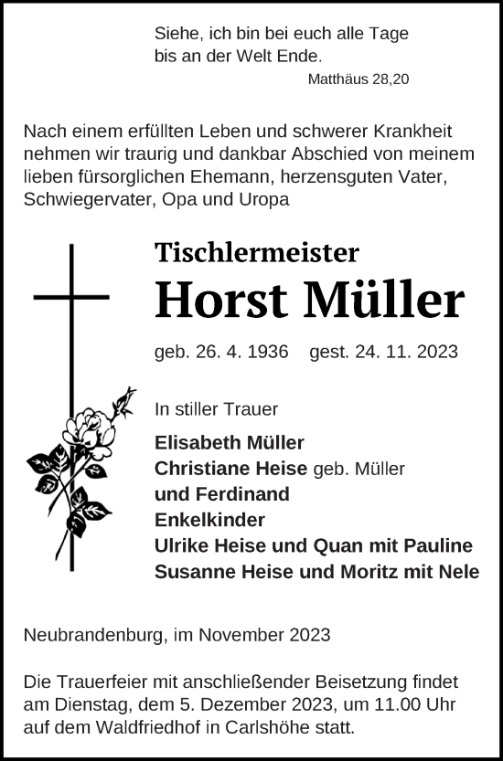 Traueranzeige von Horst Müller von Neubrandenburger Zeitung