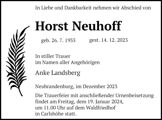 Traueranzeige von Horst Neuhoff von Neubrandenburger Zeitung