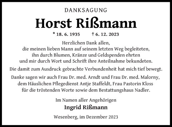 Traueranzeige von Horst Rißmann von Strelitzer Zeitung