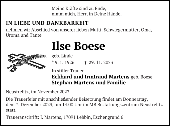 Traueranzeige von Ilse Boese von Strelitzer Zeitung