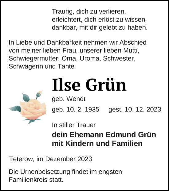 Traueranzeige von Ilse Grün von Mecklenburger Schweiz