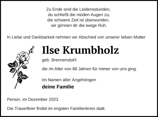 Traueranzeige von Ilse Krumbholz von Demminer Zeitung