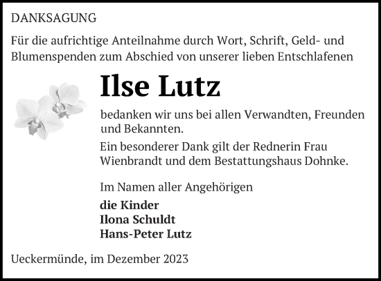 Traueranzeige von Ilse Lutz von Haff-Zeitung