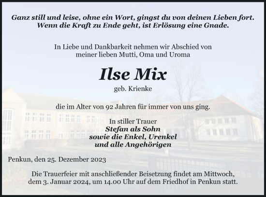 Traueranzeige von Ilse Mix von Pasewalker Zeitung