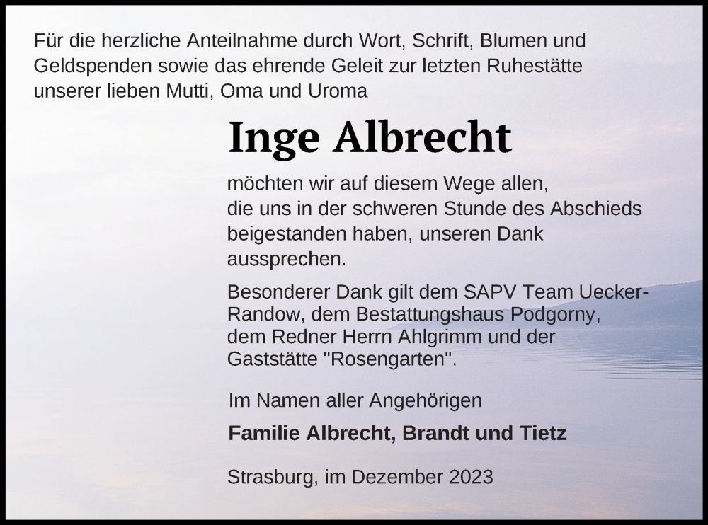  Traueranzeige für Inge Albrecht vom 29.12.2023 aus Pasewalker Zeitung