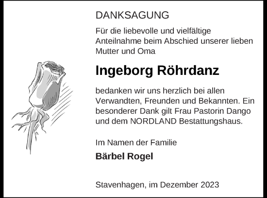 Traueranzeige von Ingeborg Röhrdanz von Mecklenburger Schweiz