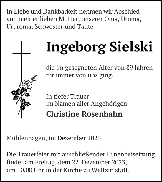 Traueranzeige von Ingeborg Sielski von Neubrandenburger Zeitung