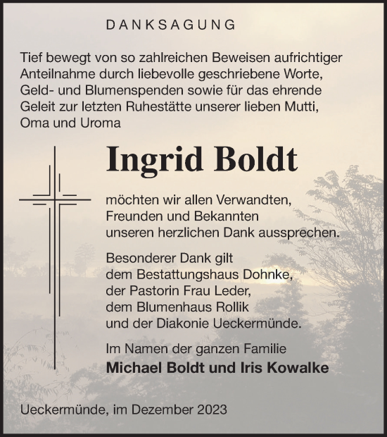 Traueranzeige von Ingrid Boldt von Haff-Zeitung