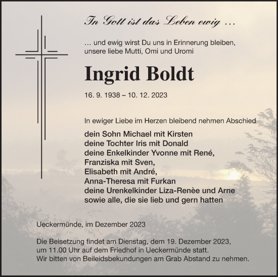 Traueranzeige von Ingrid Boldt von Haff-Zeitung
