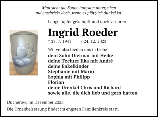 Traueranzeige von Ingrid Roeder von Vorpommern Kurier