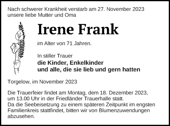 Traueranzeige von Irene Frank von Haff-Zeitung