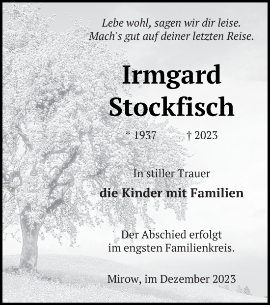 Traueranzeige von Irmgard Stockfisch von Strelitzer Zeitung