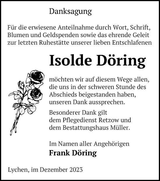 Traueranzeige von Isolde Döring von Templiner Zeitung