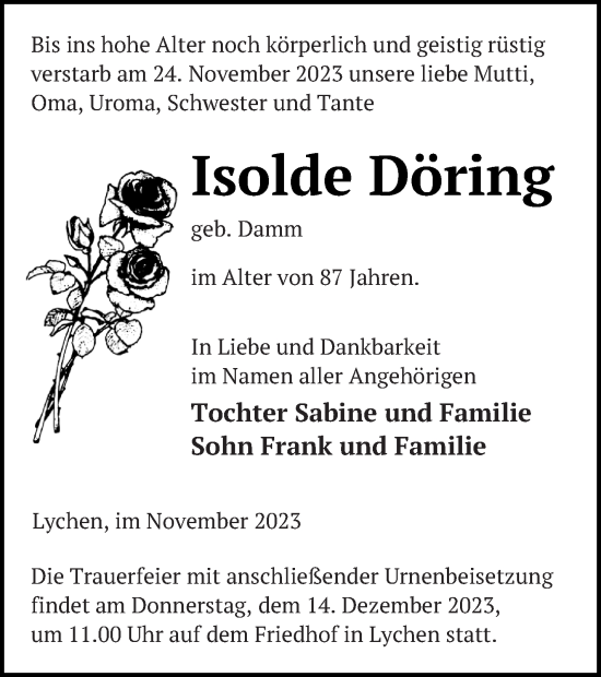 Traueranzeige von Isolde Döring von Templiner Zeitung