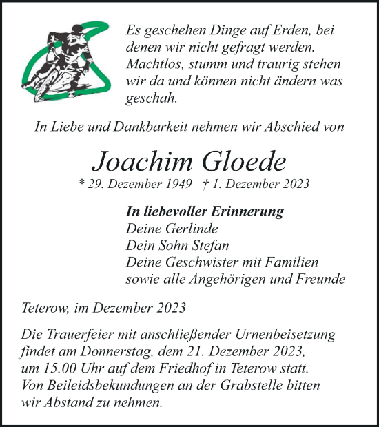 Traueranzeige von Joachim Gloede von Mecklenburger Schweiz