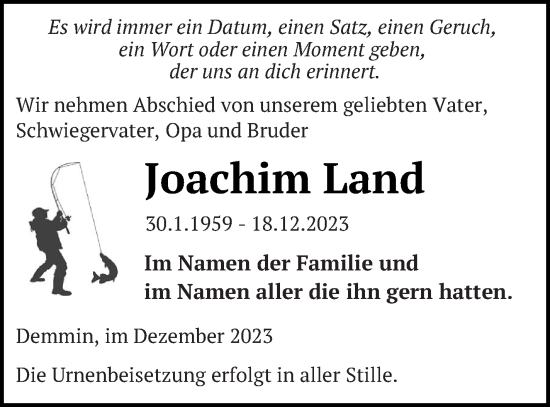 Traueranzeige von Joachim Land von Demminer Zeitung