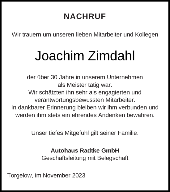 Traueranzeige von Joachim Zimdahl von Haff-Zeitung