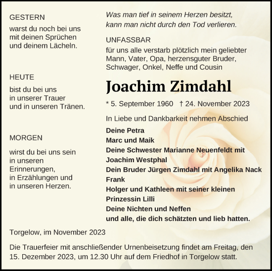 Traueranzeige von Joachim Zimdahl von Haff-Zeitung