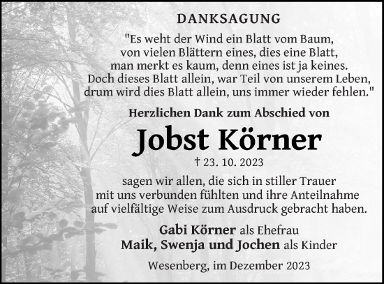 Traueranzeige von Jobst Körner von Strelitzer Zeitung