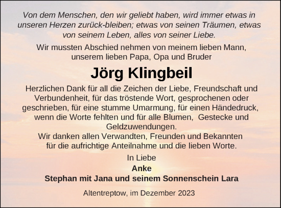Traueranzeige von Jörg Klingbeil von Neubrandenburger Zeitung