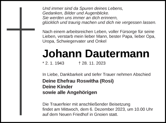 Traueranzeige von Johann Dautermann von Mecklenburger Schweiz