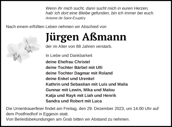Traueranzeige von Jürgen Aßmann von Haff-Zeitung