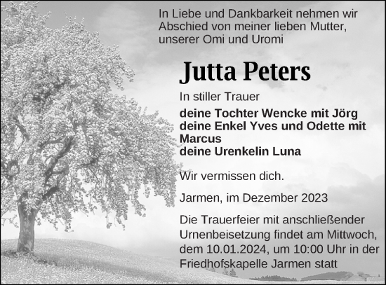 Traueranzeige von Jutta Peters von Vorpommern Kurier