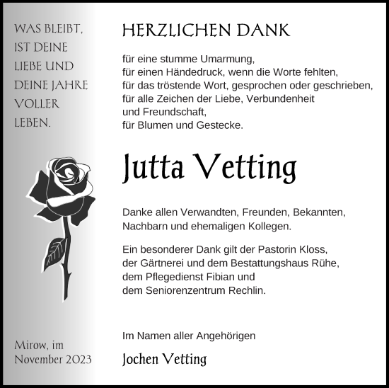 Traueranzeige von Jutta Vetting von Strelitzer Zeitung