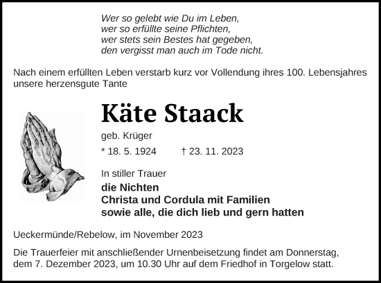 Traueranzeige von Käte Staack von Vorpommern Kurier