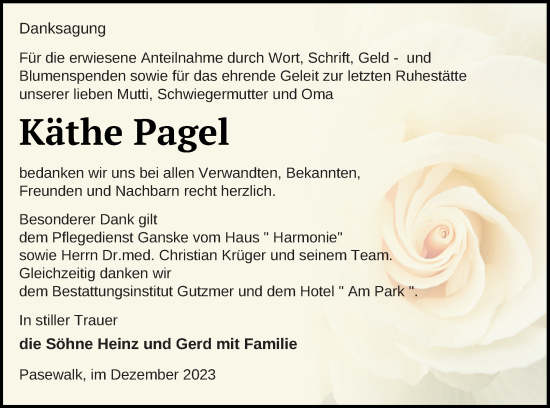 Traueranzeige von Käthe Pagel von Pasewalker Zeitung