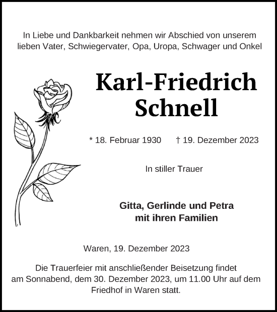 Traueranzeige von Karl-Friedrich Schnell von Müritz-Zeitung