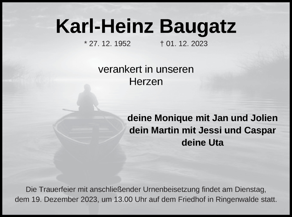  Traueranzeige für Karl-Heinz Baugatz vom 09.12.2023 aus Templiner Zeitung