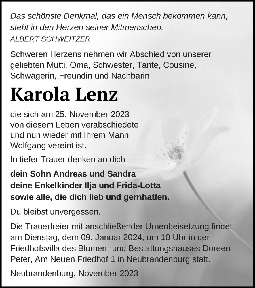  Traueranzeige für Karola Lenz vom 08.12.2023 aus Neubrandenburger Zeitung