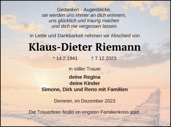 Traueranzeige von Klaus-Dieter Riemann von Demminer Zeitung
