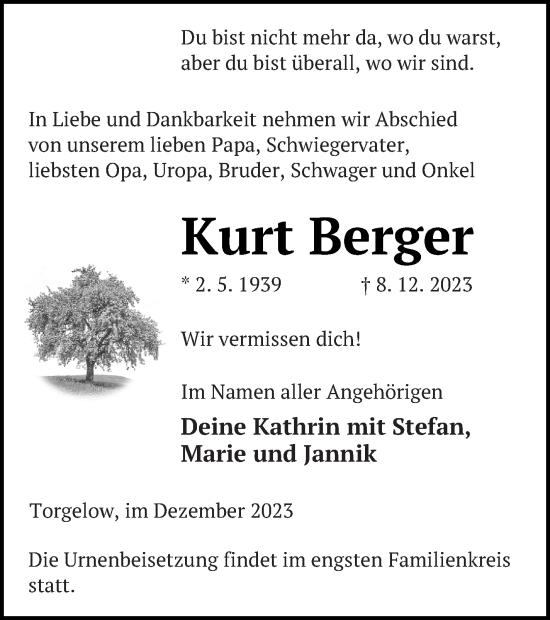 Traueranzeige von Kurt Berger von Haff-Zeitung