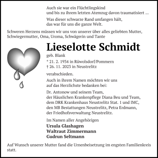 Traueranzeige von Lieselotte Schmidt von Strelitzer Zeitung