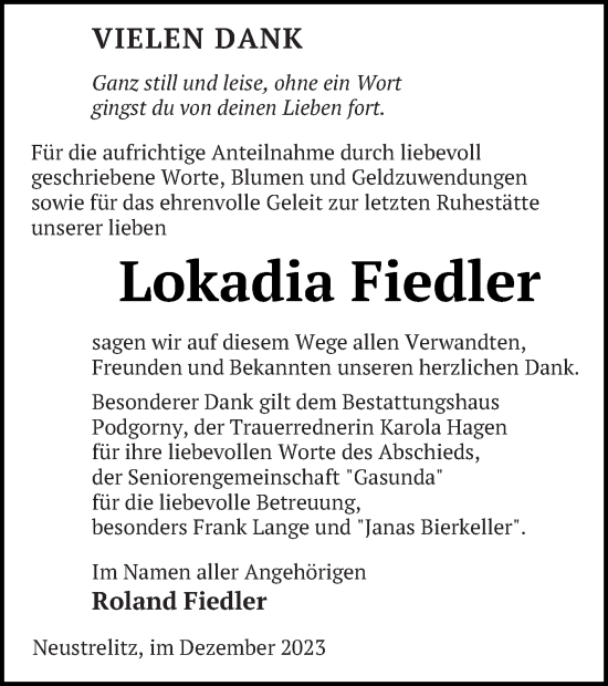 Traueranzeige von Lokadia Fiedler von Strelitzer Zeitung