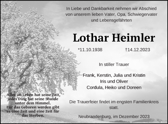 Traueranzeige von Lothar Heimler von Neubrandenburger Zeitung