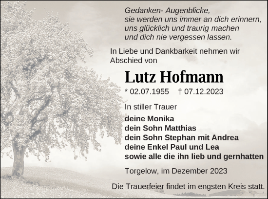 Traueranzeige von Lutz Hofmann von Haff-Zeitung