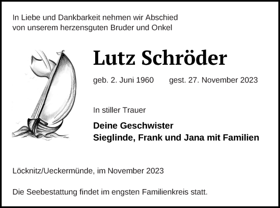 Traueranzeige von Lutz Schröder von Pasewalker Zeitung