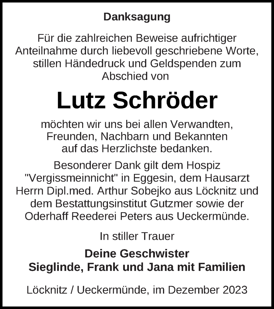  Traueranzeige für Lutz Schröder vom 19.12.2023 aus Pasewalker Zeitung