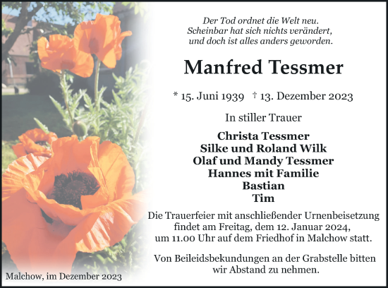 Traueranzeige von Manfred Tessmer von Müritz-Zeitung