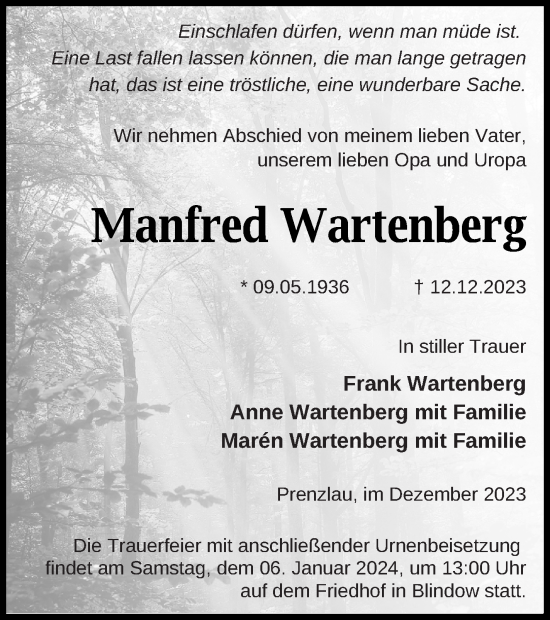 Traueranzeige von Manfred Wartenberg von Pasewalker Zeitung