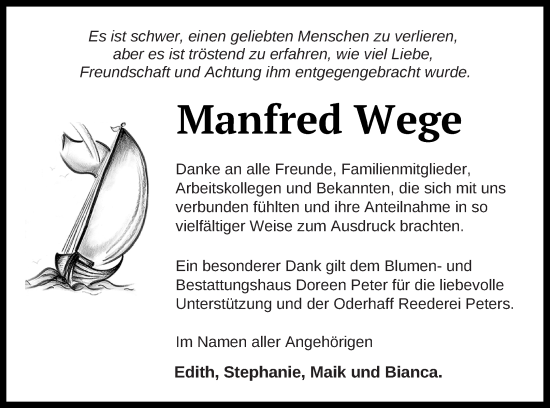 Traueranzeige von Manfred Wege von Neubrandenburger Zeitung