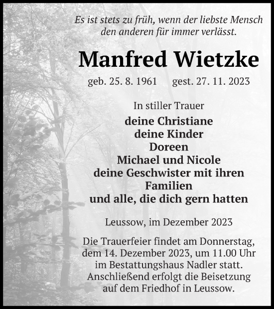 Traueranzeige von Manfred Wietzke von Strelitzer Zeitung