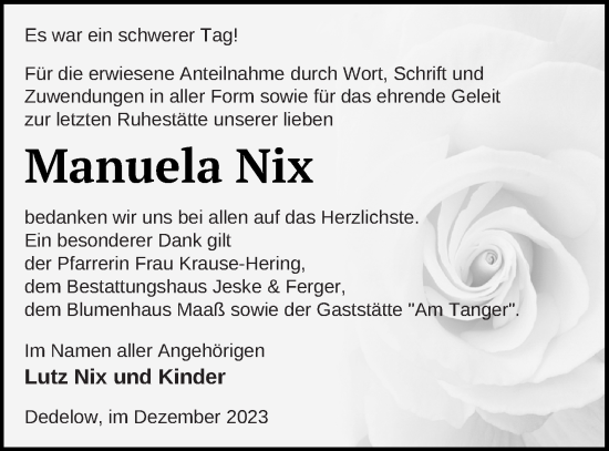 Traueranzeige von Manuela Nix von Prenzlauer Zeitung