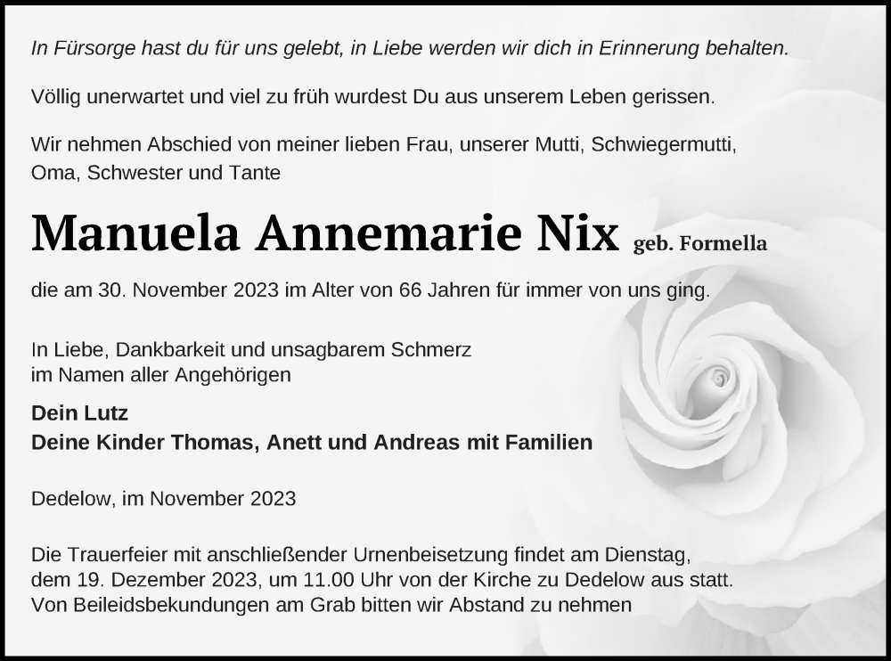  Traueranzeige für Manuela Annemarie Nix vom 05.12.2023 aus Prenzlauer Zeitung