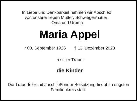 Traueranzeige von Maria Appel von Müritz-Zeitung