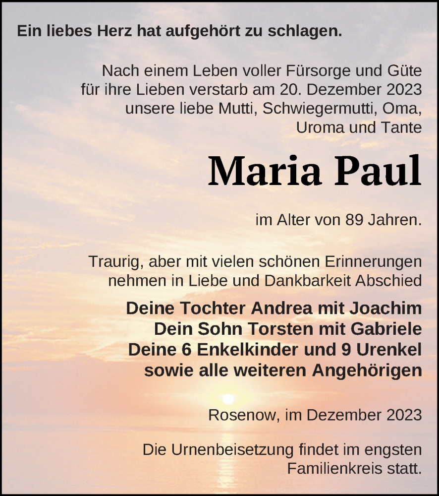  Traueranzeige für Maria Paul vom 30.12.2023 aus Neubrandenburger Zeitung